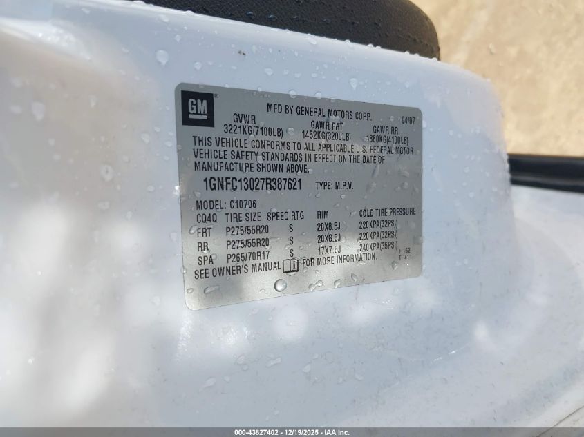2007 Chevrolet Tahoe Lt VIN: 1GNFC13027R387621 Lot: 43827402