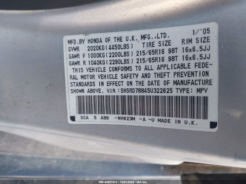 2005 Honda Cr-V Ex VIN: SHSRD78845U322625 Lot: 43827411