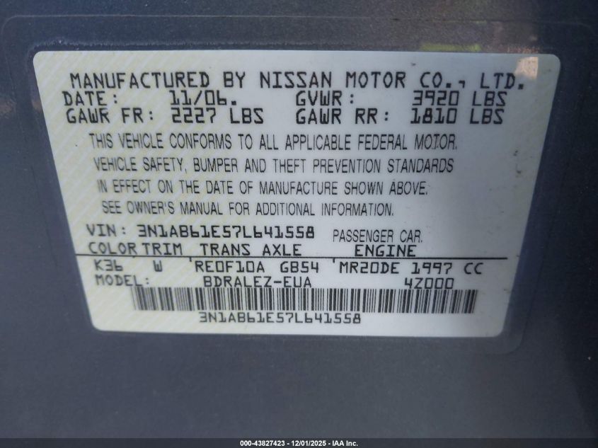 2007 Nissan Sentra 2.0S VIN: 3N1AB61E57L641558 Lot: 43827423