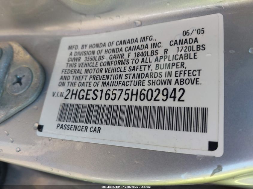 2005 Honda Civic Lx VIN: 2HGES16575H602942 Lot: 43827431