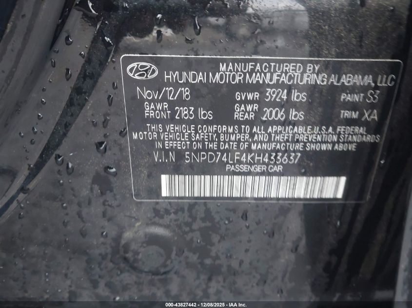 2019 Hyundai Elantra Se VIN: 5NPD74LF4KH433637 Lot: 43827442