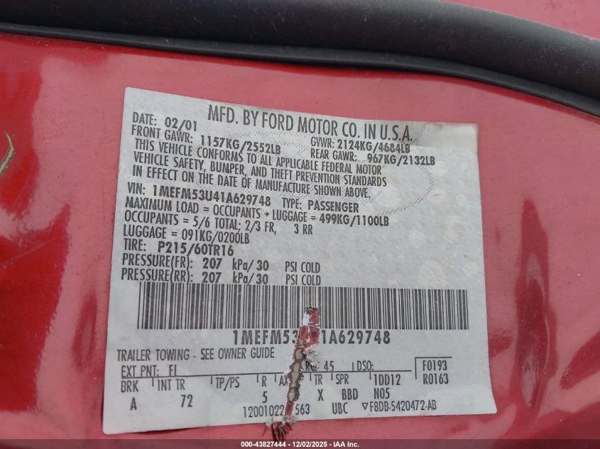 2001 Mercury Sable Ls VIN: 1MEFM53U41A629748 Lot: 43827444