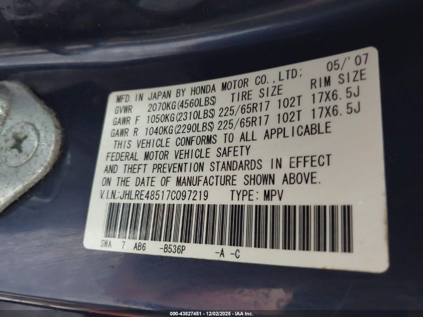 2007 Honda Cr-V Ex VIN: JHLRE48517C097219 Lot: 43827451