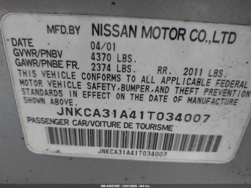 2001 Infiniti I30 Luxury VIN: JNKCA31A41T034007 Lot: 43827455