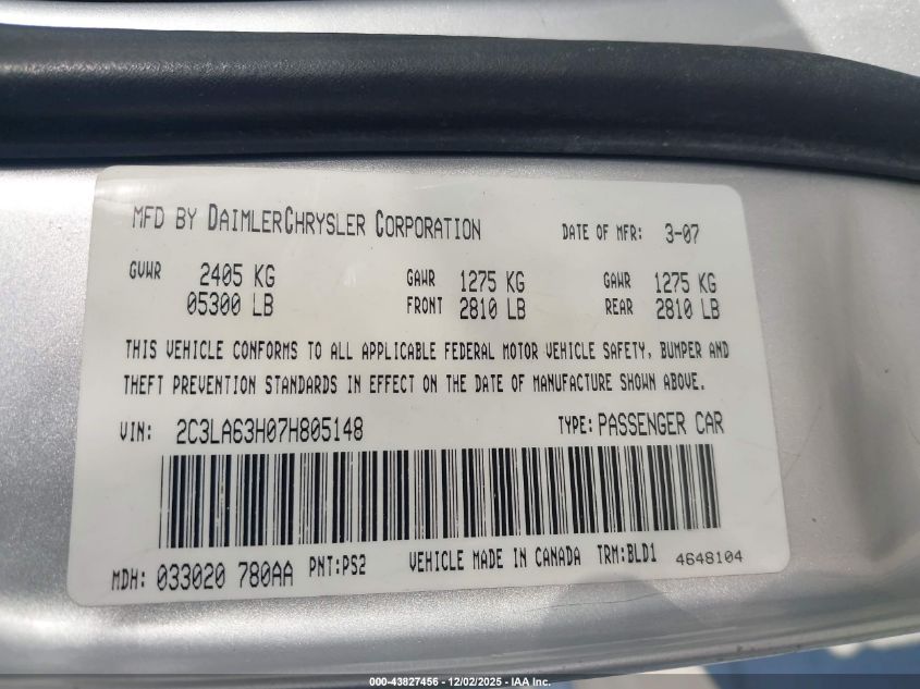 2007 Chrysler 300C VIN: 2C3LA63H07H805148 Lot: 43827456