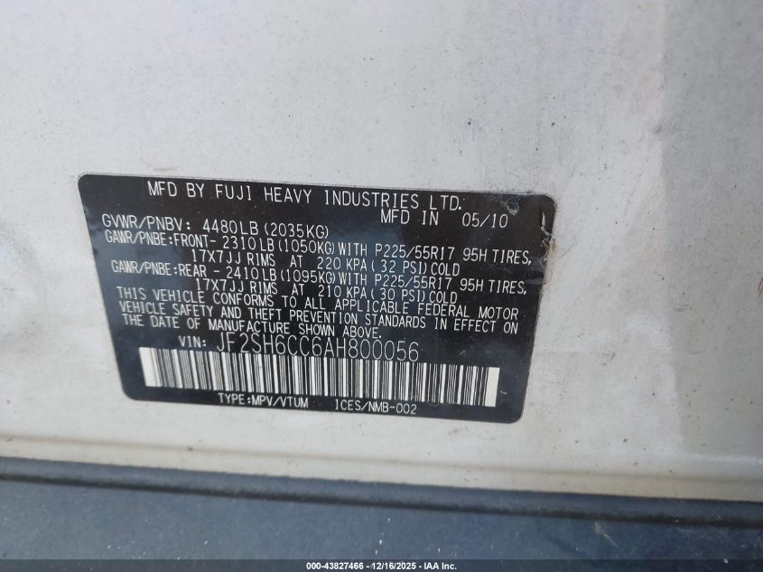 2010 Subaru Forester 2.5X Premium VIN: JF2SH6CC6AH800056 Lot: 43827466