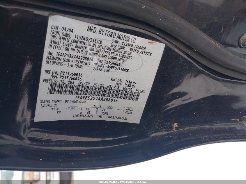 2004 Ford Taurus Se VIN: 1FAFP53244A208016 Lot: 43827467