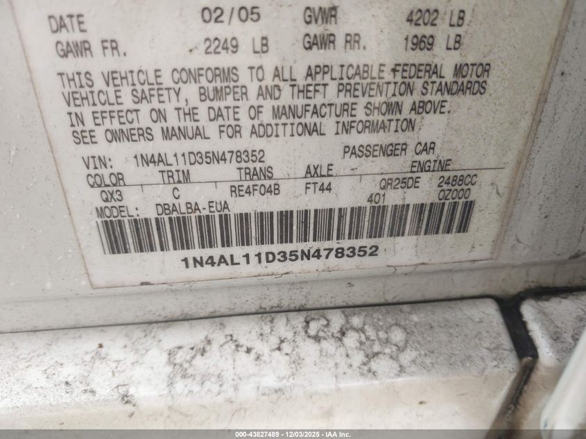 2005 Nissan Altima 2.5 S VIN: 1N4AL11D35N478352 Lot: 43827489