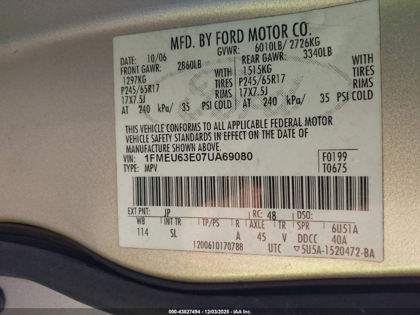 2007 Ford Explorer Xlt VIN: 1FMEU63E07UA69080 Lot: 43827494