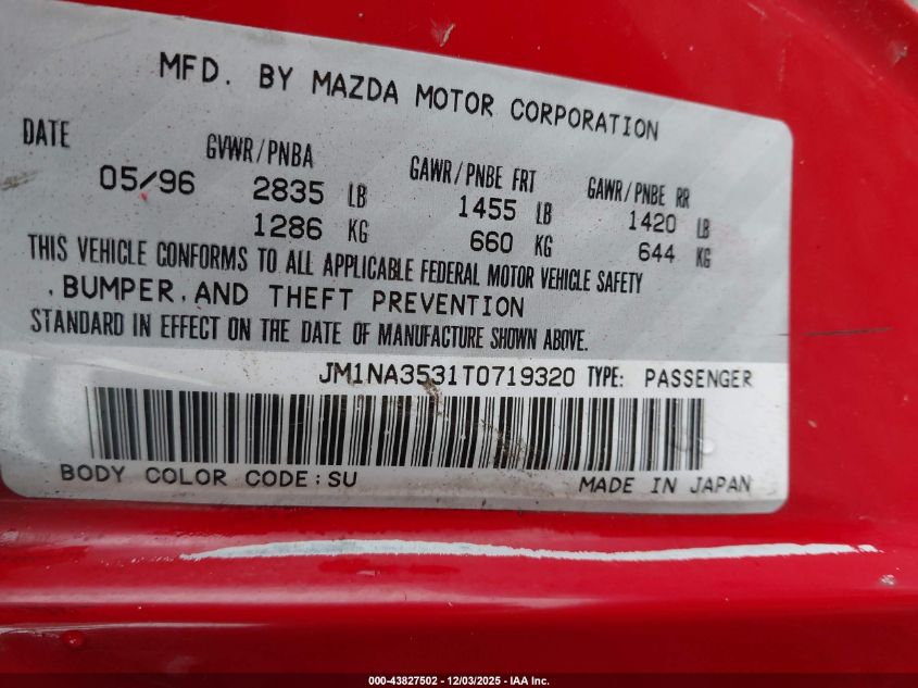 1996 Mazda Mx-5 Miata VIN: JM1NA3531T0719320 Lot: 43827502