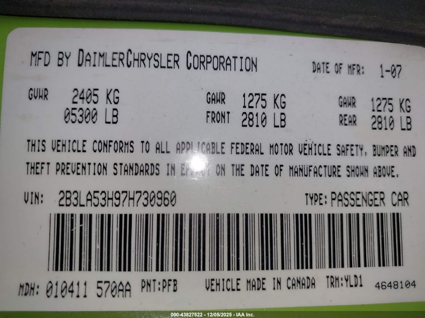 2007 Dodge Charger Rt VIN: 2B3LA53H97H730960 Lot: 43827522