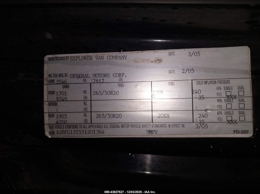 2005 Chevrolet Express Upfitter VIN: 1GBFG15T551201364 Lot: 43827527