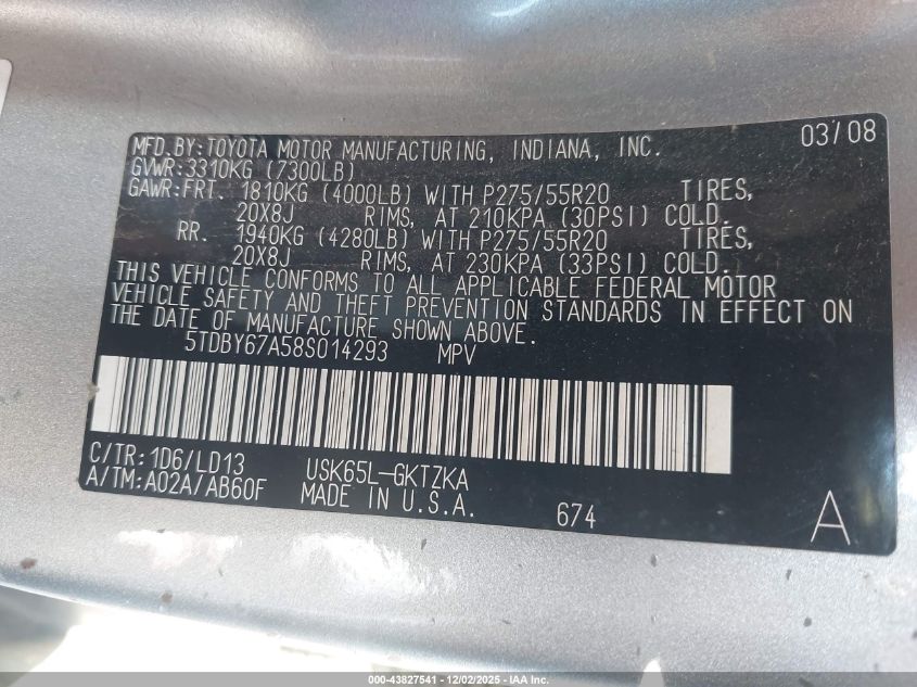 2008 Toyota Sequoia Platinum 5.7L V8 VIN: 5TDBY67A58S014293 Lot: 43827541