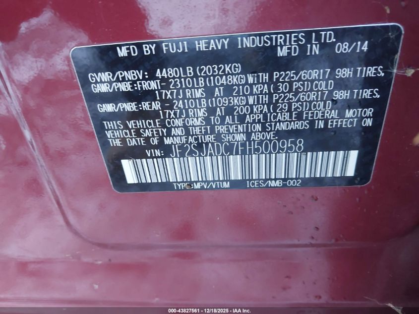 2015 Subaru Forester 2.5I Premium VIN: JF2SJADC7FH500958 Lot: 43827561