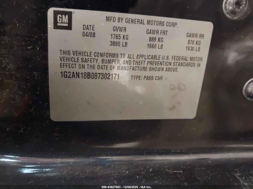 2008 Pontiac G5 Gt VIN: 1G2AN18B087302171 Lot: 43827563