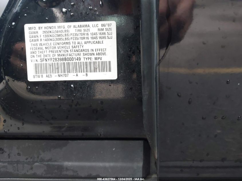 2008 Honda Pilot Se VIN: 5FNYF28398B000149 Lot: 43827564