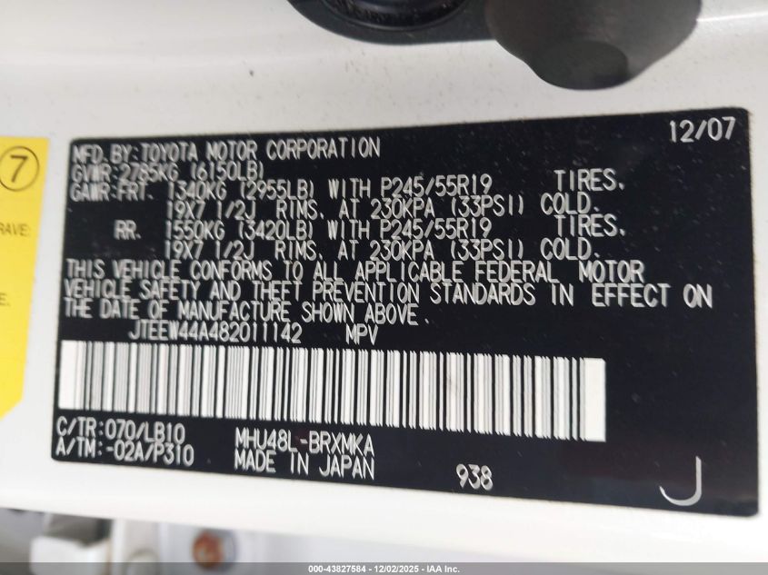 2008 Toyota Highlander Hybrid Limited VIN: JTEEW44A482011142 Lot: 43827584