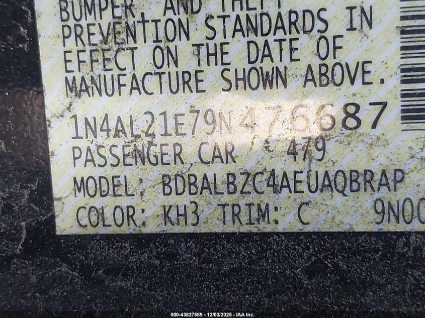 2009 Nissan Altima 2.5 S VIN: 1N4AL21E79N476687 Lot: 43827589