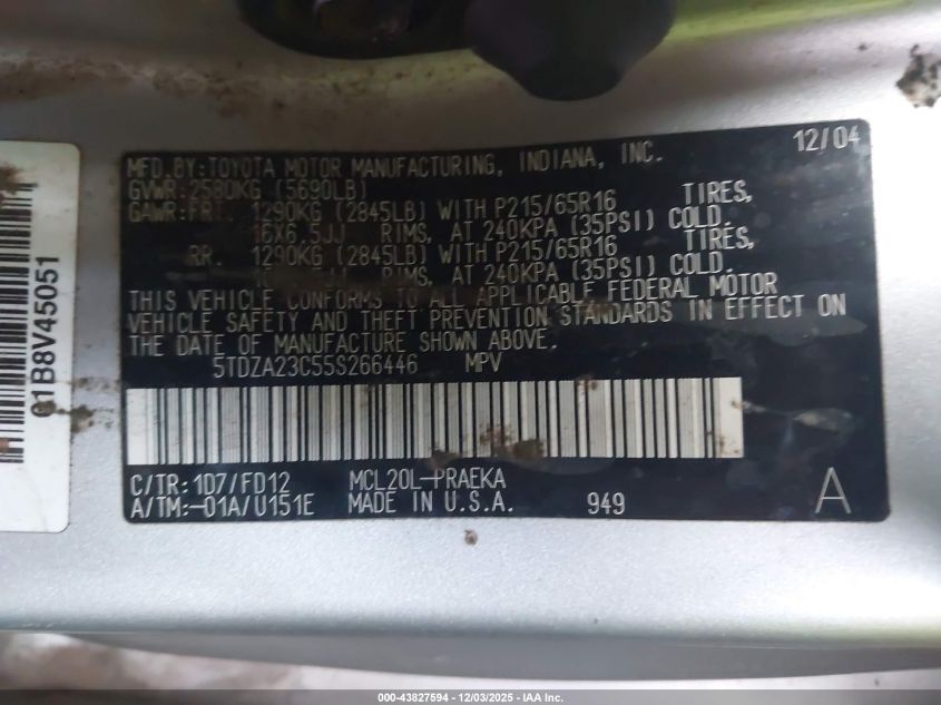 2005 Toyota Sienna Ce VIN: 5TDZA23C55S266446 Lot: 43827594