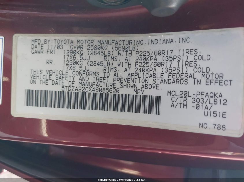 2004 Toyota Sienna Xle VIN: 5TDZA22CX4S085620 Lot: 43827602