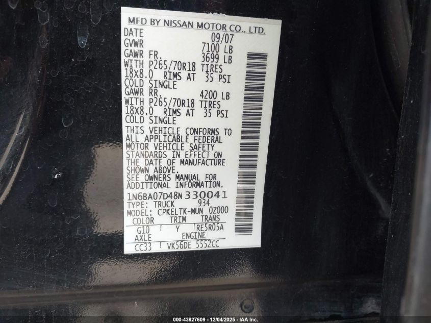 2008 Nissan Titan Se VIN: 1N6BA07D48N330041 Lot: 43827609