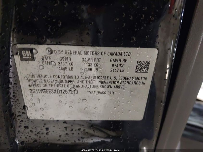 2013 Chevrolet Impala Lt VIN: 2G1WG5E3XD1257210 Lot: 43827617