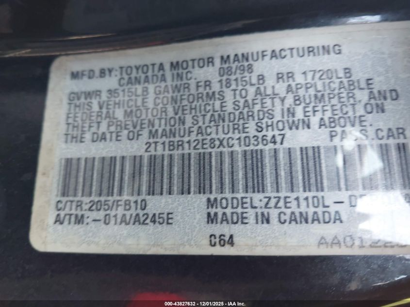 1999 Toyota Corolla Ce VIN: 2T1BR12E8XC103647 Lot: 43827632