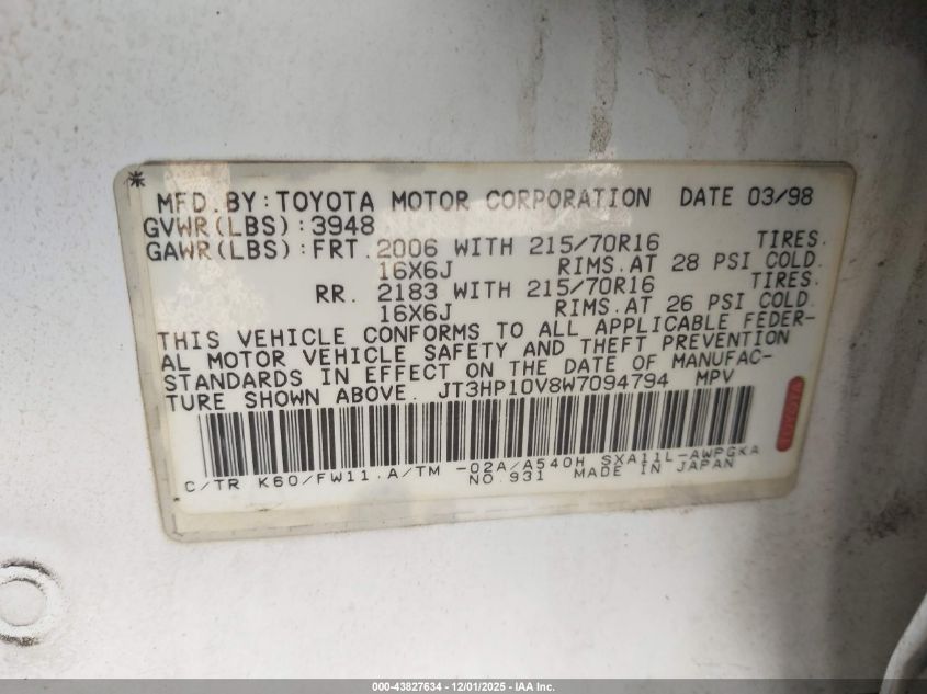 1998 Toyota Rav4 VIN: JT3HP10V8W7094794 Lot: 43827634
