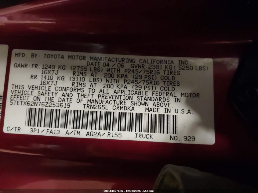 2006 Toyota Tacoma Prerunner VIN: 5TETX62N76Z253619 Lot: 43827686