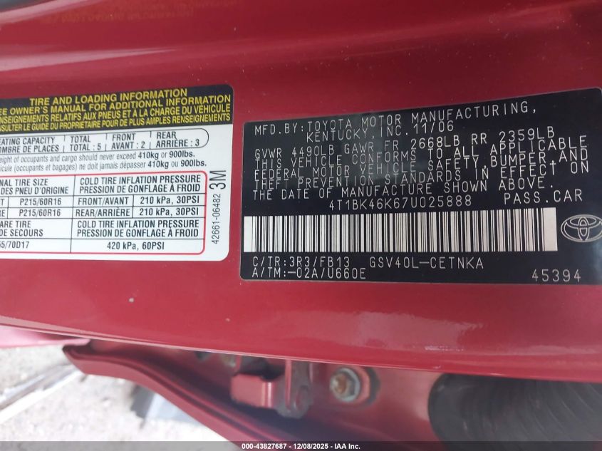 2007 Toyota Camry Se V6 VIN: 4T1BK46K67U02588 Lot: 43827687