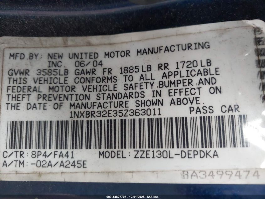 2005 Toyota Corolla Ce VIN: 1NXBR32E35Z363011 Lot: 43827707