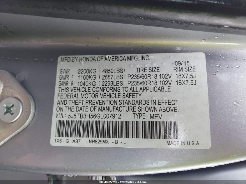 2016 Acura Rdx Technology Acurawatch Plus Packages/Technology Package VIN: 5J8TB3H56GL007912 Lot: 43827719