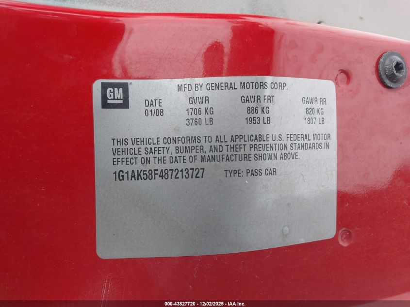 2008 Chevrolet Cobalt Ls VIN: 1G1AK58F487213727 Lot: 43827720