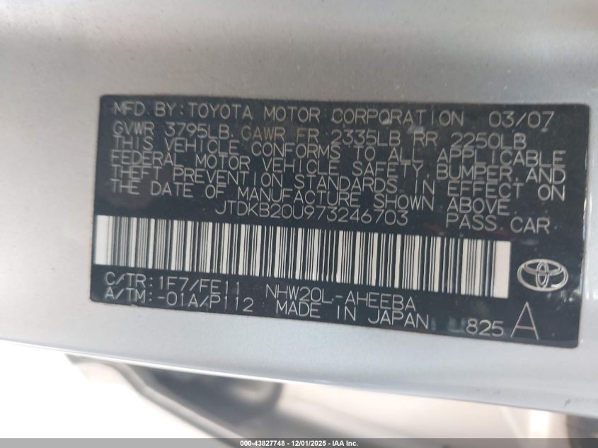 2007 Toyota Prius VIN: JTDKB20U973246703 Lot: 43827748