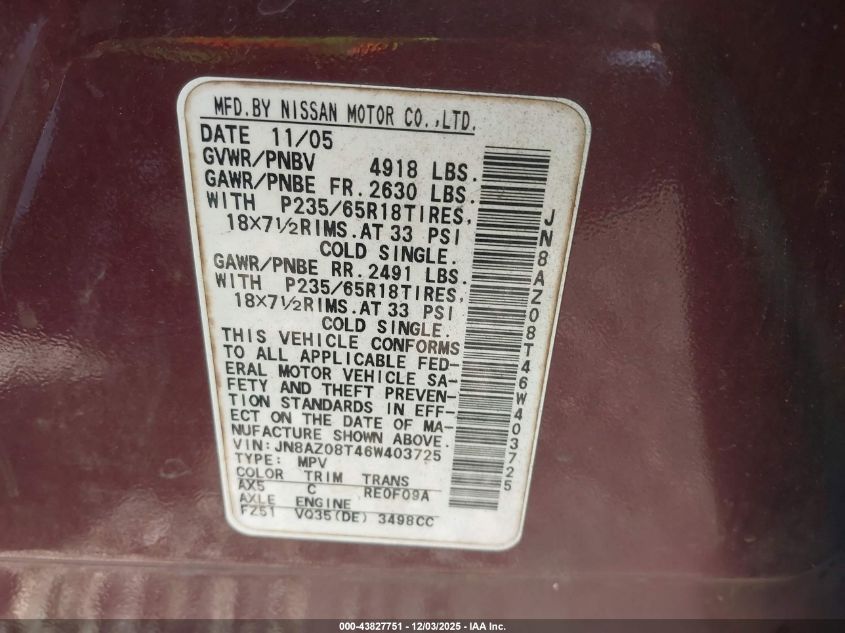 2006 Nissan Murano Sl VIN: JN8AZ08T46W403725 Lot: 43827751