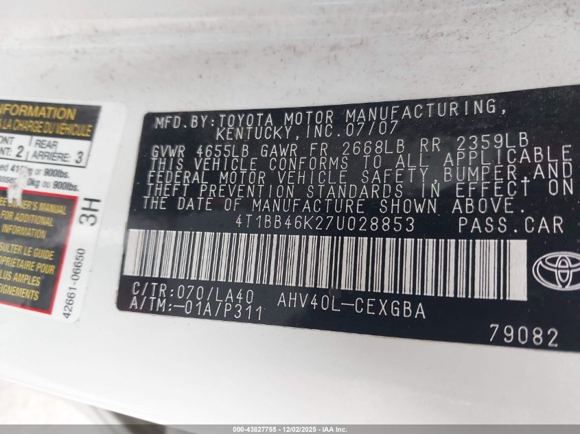 2007 Toyota Camry Hybrid VIN: 4T1BB46K27U028853 Lot: 43827755