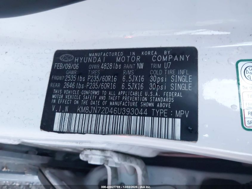 2006 Hyundai Tucson Gls/Limited VIN: KM8JN72D464393044 Lot: 43827759