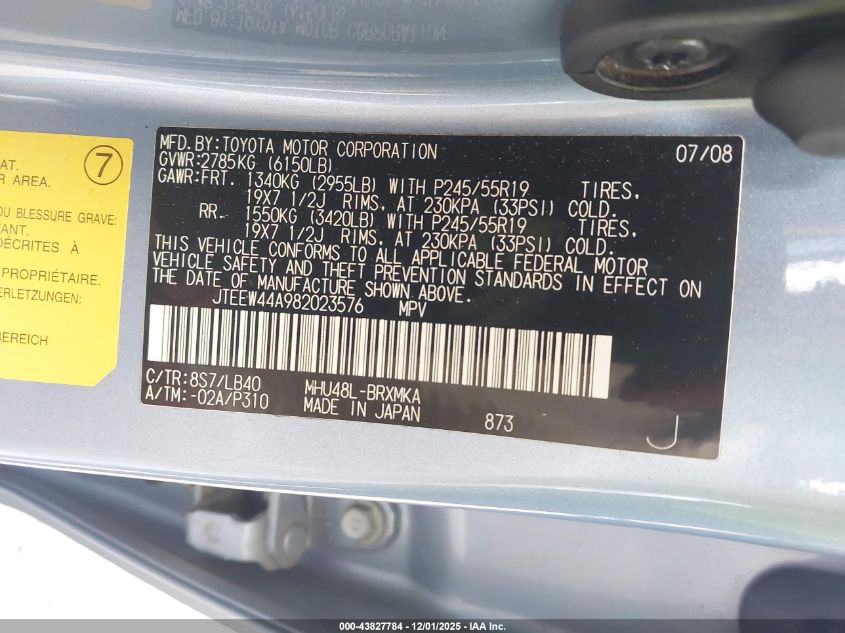 2008 Toyota Highlander Hybrid Limited VIN: JTEEW44A982023576 Lot: 43827784