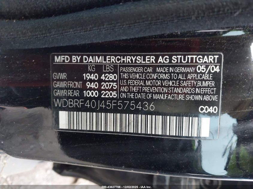 2005 Mercedes-Benz C 230 Kompressor Sport VIN: WDBRF40J45F575436 Lot: 43827786