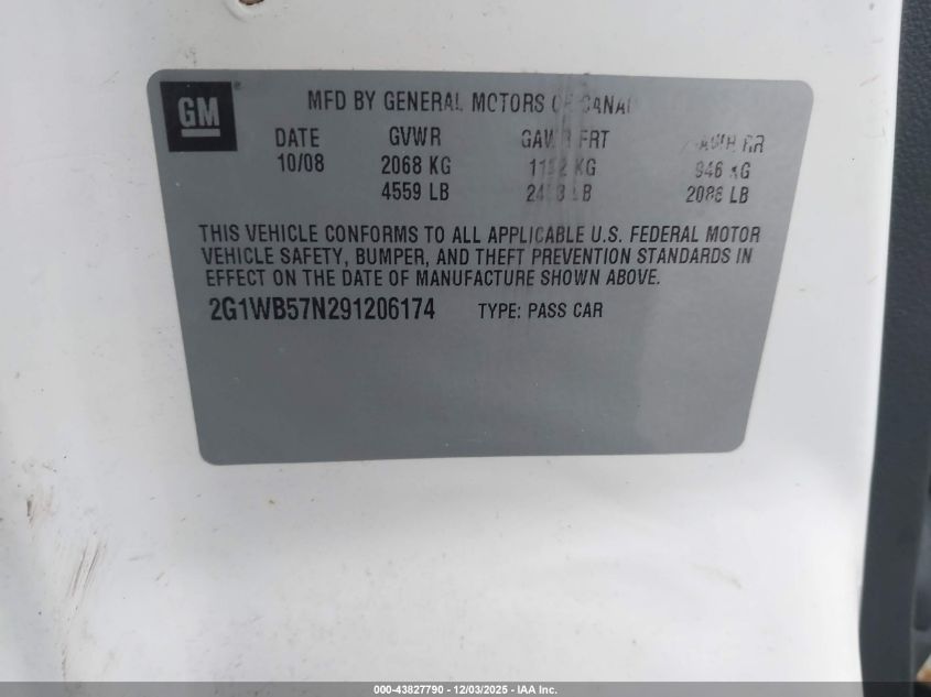 2009 Chevrolet Impala Ls VIN: 2G1WB57N291206174 Lot: 43827790