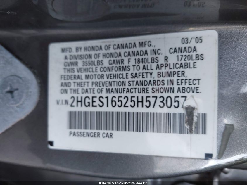 2005 Honda Civic Lx VIN: 2HGES16525H573057 Lot: 43827797