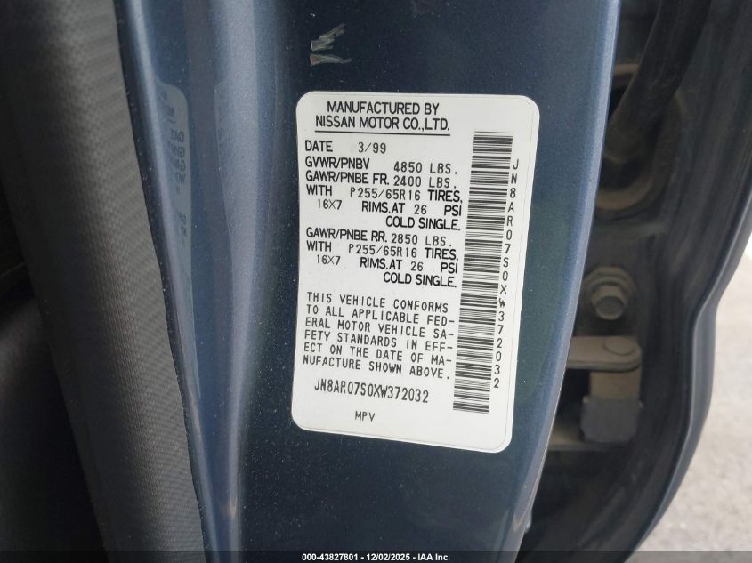 1999 Nissan Pathfinder Le/Se/Xe VIN: JN8AR07S0XW372032 Lot: 43827801
