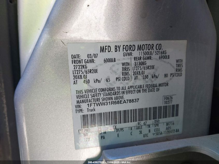 2008 Ford F-350 Fx4/Harley-Davidson/King Ranch/Lariat/Xl/Xlt VIN: 1FTWW31R68EA78837 Lot: 43827809