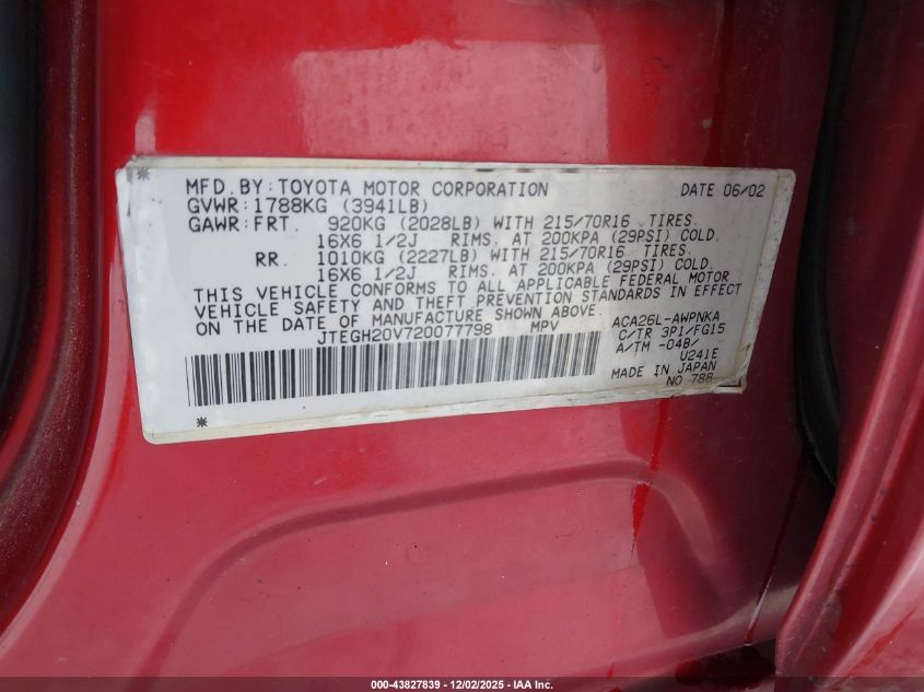 2002 Toyota Rav4 VIN: JTEGH20V720077798 Lot: 43827839