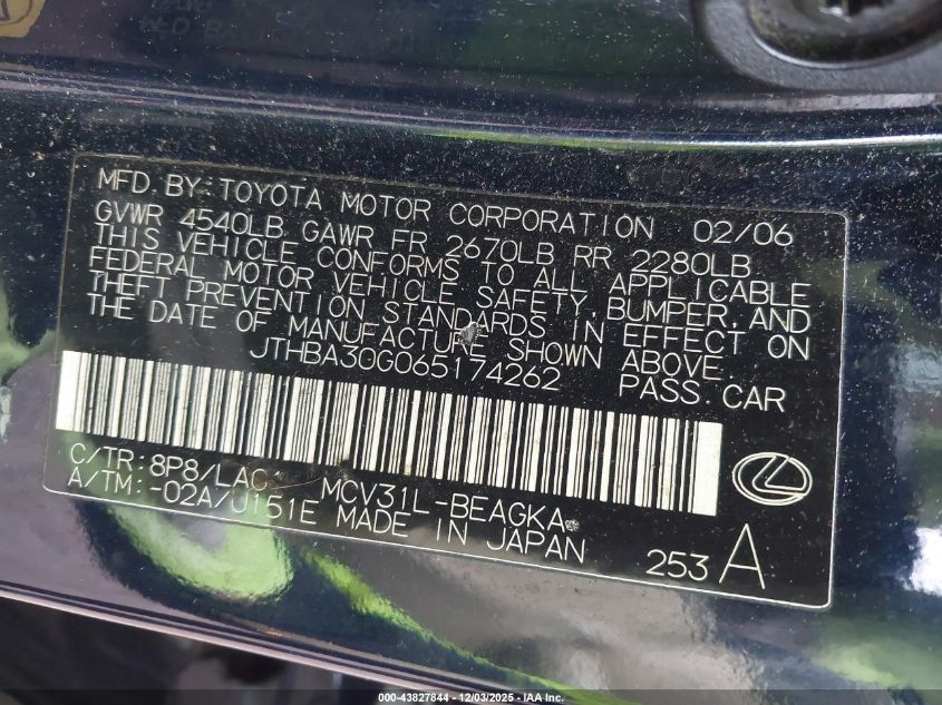 2006 Lexus Es 330 VIN: JTHBA30G065174262 Lot: 43827844