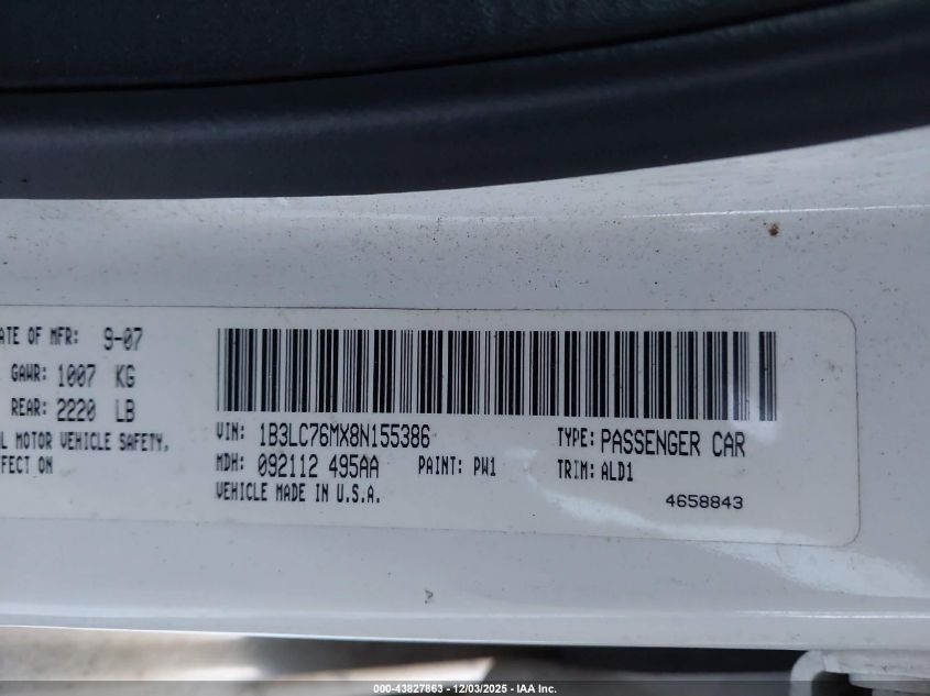 2008 Dodge Avenger VIN: 183LC76MX8N155386 Lot: 43827863