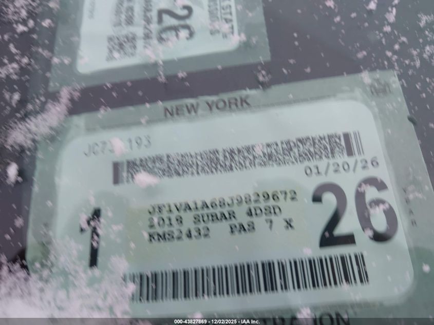 2018 Subaru Wrx VIN: JF1VA1A68J9829672 Lot: 43827869