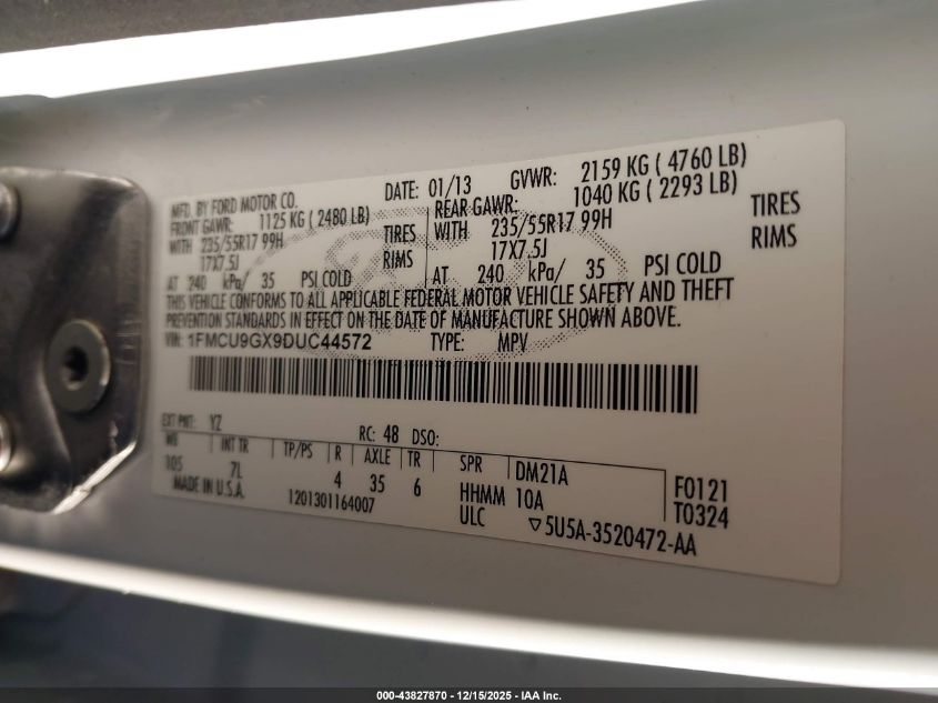 2013 Ford Escape Se VIN: 1FMCU9GX9DUC44572 Lot: 43827870