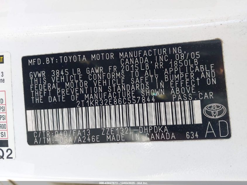 2006 Toyota Matrix VIN: 2T1KR32E86C557844 Lot: 43827873