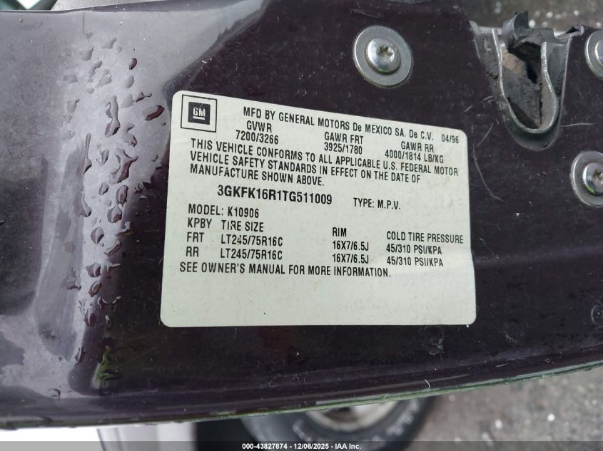 1996 GMC Suburban K1500 VIN: 3GKFK16R1TG511009 Lot: 43827874